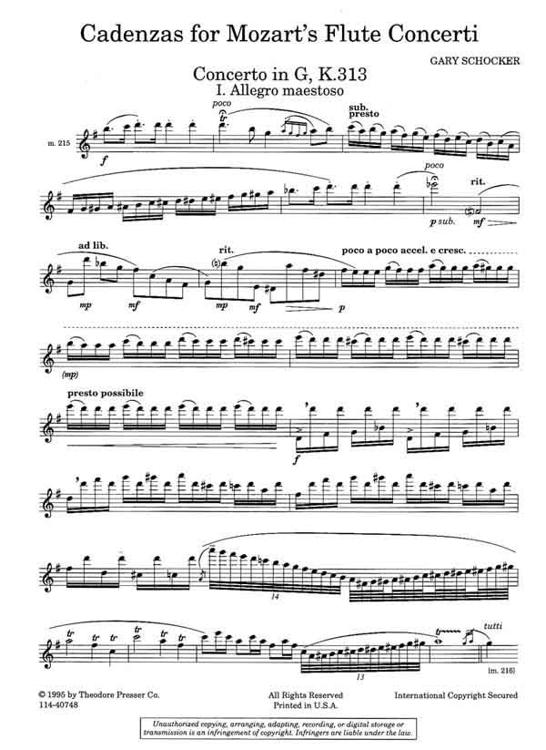 Cadenzas for Mozart's Flute Concerti (Flute and Piano)