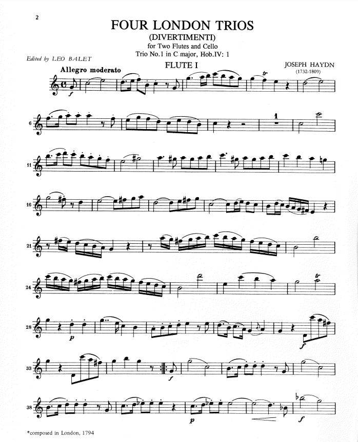 Four London Trios (Divermenti), Hob. IV: Nos. 1-4, Parts Only (2 Flutes and Cello)